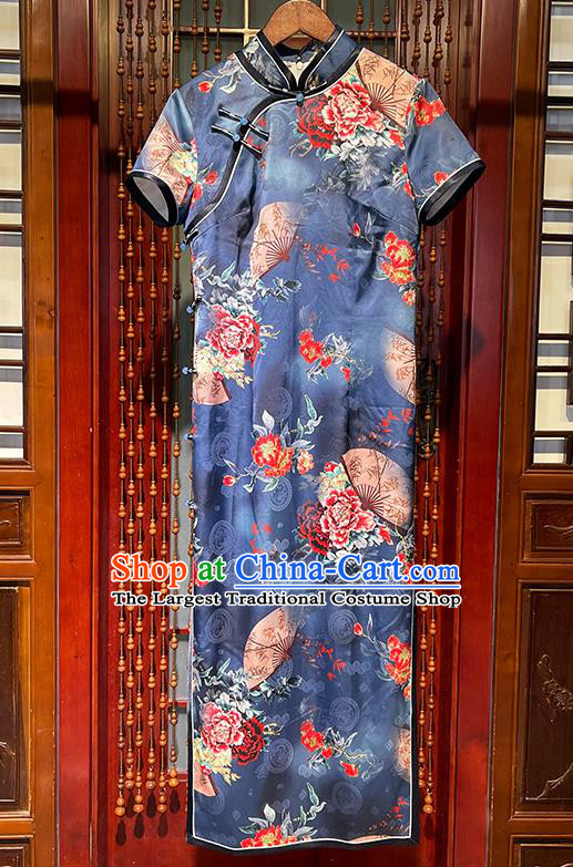 Chinese Traditional Printing Peony Fan Cheongsam Stand Collar Qipao Dress National Navy Silk Clothing