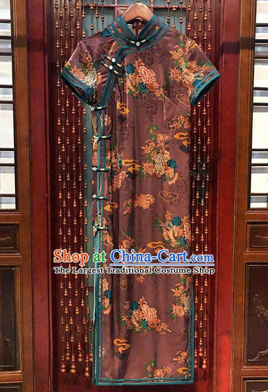 China Classical Palace Fan Show Clothing Traditional Printing Peony Cheongsam National Brownish Red Silk Qipao Dress