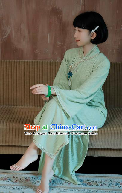 China National Young Lady Knitting Green Qipao Dress Clothing Traditional Mandarin Sleeve Cheongsam