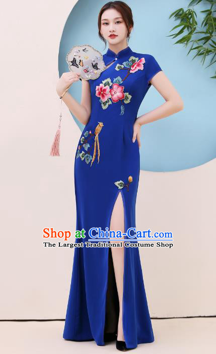China Party Compere Clothing Modern Dance Qipao Dress Stage Show Embroidery Royalblue Cheongsam