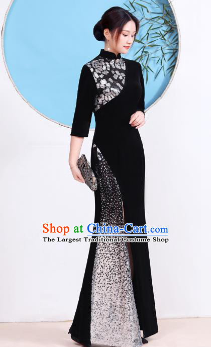 China Catwalks Black Velvet Qipao Dress Party Compere Clothing Stage Show Cheongsam