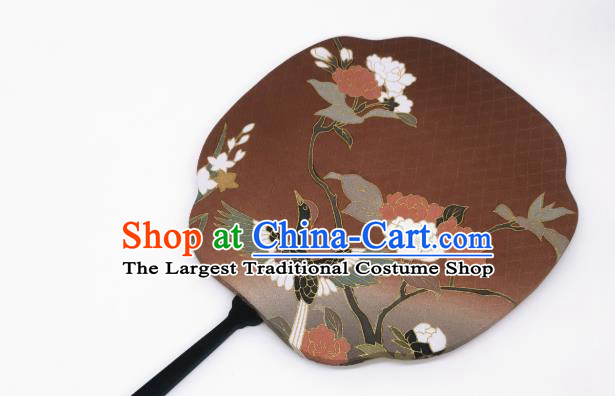 China Hand Painting Crane Flowers Palace Fan Brown Silk Fan Traditional Cheongsam Dance Fans
