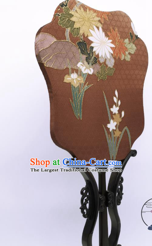 China Traditional Brown Silk Fan Cheongsam Dance Fans Hand Painting Orchids Chrysanthemum Palace Fan