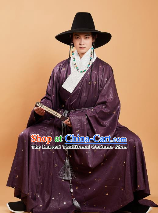 China Traditional Ming Dynasty Purple Priest Frock Ancient Swordsman Hanfu Clothing