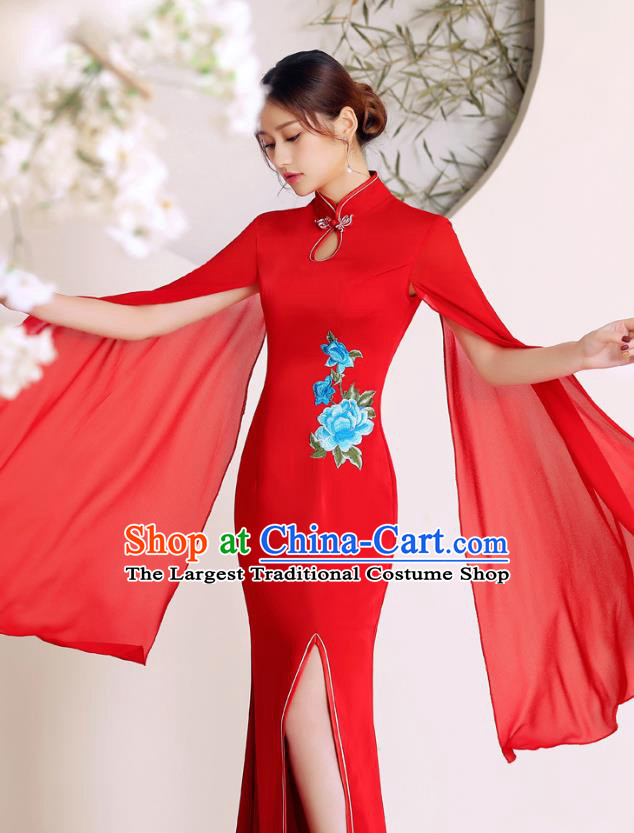 China Stage Performance Embroidery Cheongsam Woman Wedding Fishtail Dress Clothing Catwalks Red Chiffon Sleeve Qipao