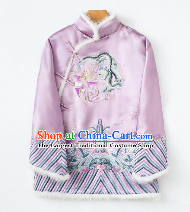China Embroidered Cotton Wadded Jacket Traditional Tang Suit Outer Garment Winter Lilac Silk Coat