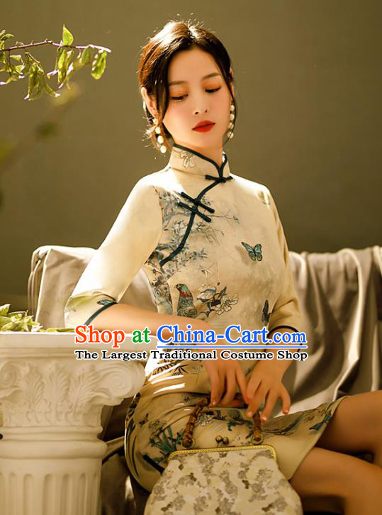 Chinese Classical Printing Butterfly Qipao Dress Traditional Shang Hai Fashion Cheongsam