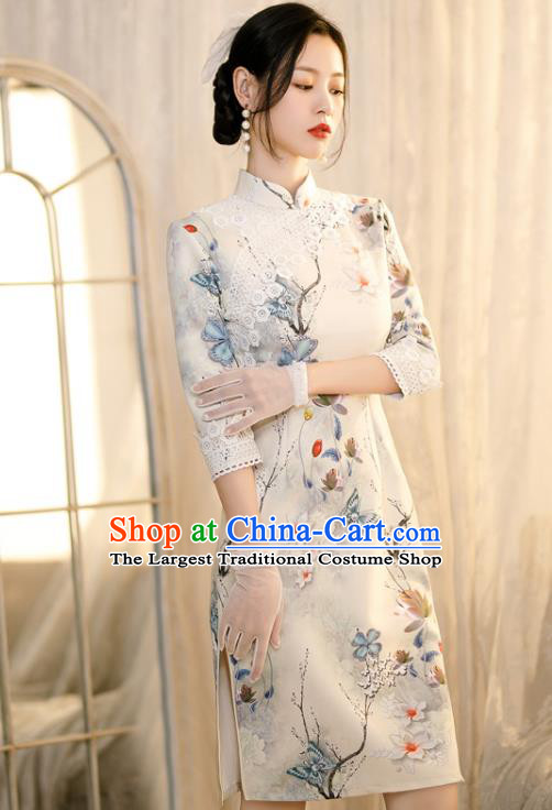 Chinese Traditional Shang Hai White Lace Cheongsam Classical Printing Flowers Qipao Dress