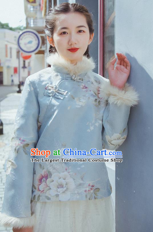 China Traditional Tang Suit Embroidered Blue Cotton Wadded Jacket Classical Cheongsam Outer Garment