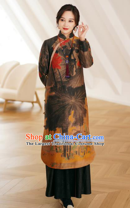 China Tang Suit Outer Garment National Hand Painting Lotus Dust Coat Women Winter Silk Clothing