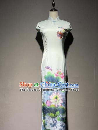 China Classical Printing Lotus Cheongsam Catwalks Stage Performance Costume Qipao Dress
