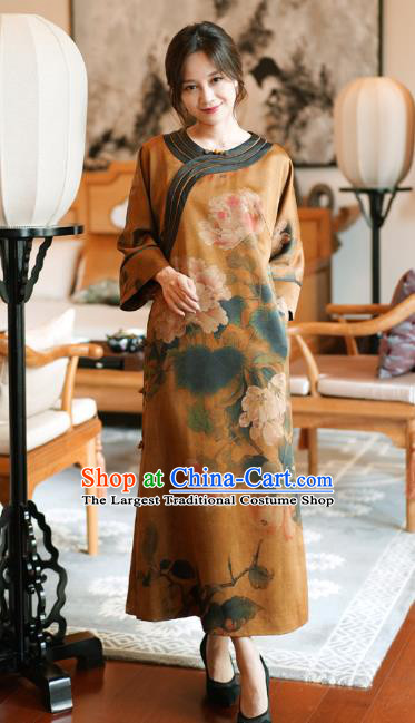 Republic of China National Young Lady Qipao Dress Costume Classical Printing Peony Ginger Silk Cheongsam