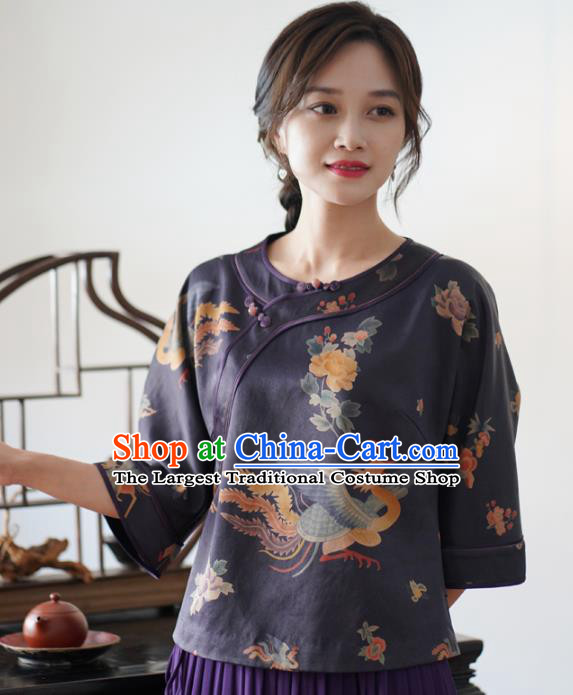China National Women Clothing Classical Phoenix Peony Pattern Purple Silk Blouse Tang Suit Top Shirt