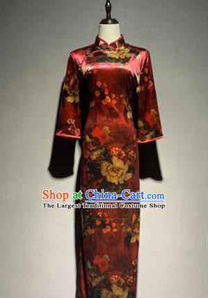 China Catwalks Stage Performance Costume Mother Cheongsam Shanghai Dark Red Silk Qipao Dress