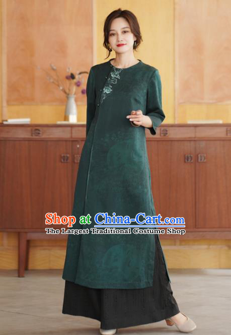China Tang Suit Overcoat National Women Clothing Classical Embroidered Green Silk Dust Coat