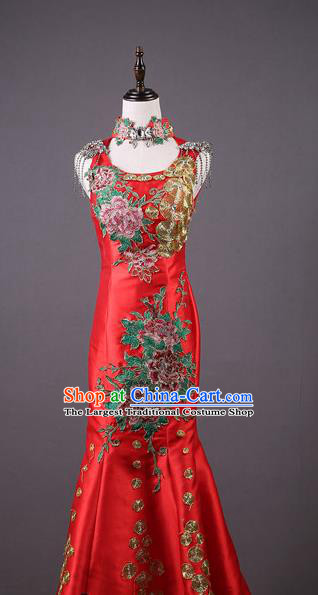 Top Grade Wedding Bride Red Satin Full Dress Catwalks Stage Show Compere Costume