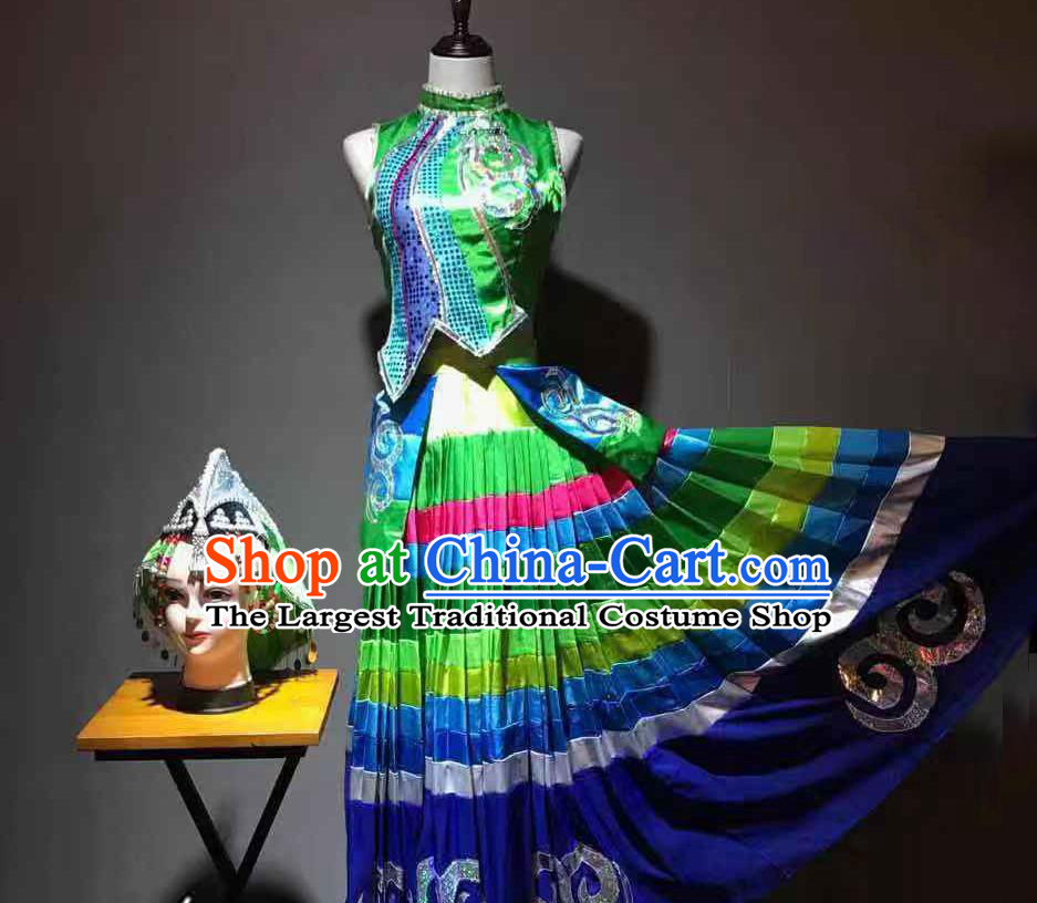 Chinese Yi Nationality Young Lady Costumes Ethnic Minority Folk Dance Green Outfits and Headwear