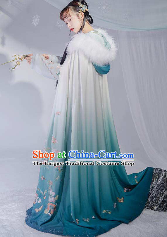 China Ancient Noble Infanta Cape Clothing Traditional Ming Dynasty Princess Embroidered Blue Silk Cloak