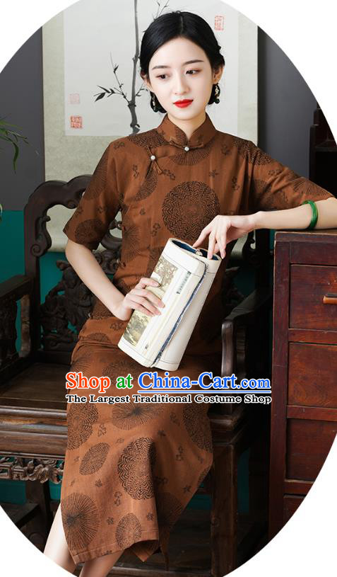 Chinese Traditional Jacquard Brown Flax Cheongsam National Shanghai Beauty Costume Slim Qipao Dress