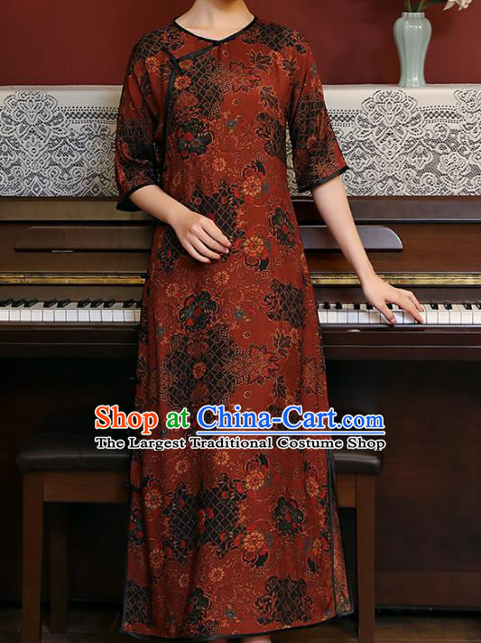 Chinese Classical Dark Red Qipao Dress National Woman Costume Traditional Slant Opening Cheongsam