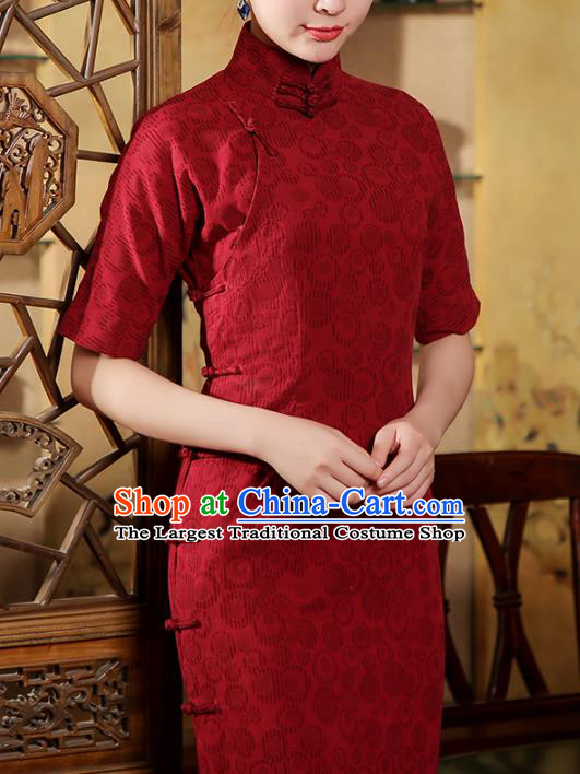 Chinese Classical Jacquard Cheongsam Catwalks Clothing Traditional Wine Red Flax Qipao Dress