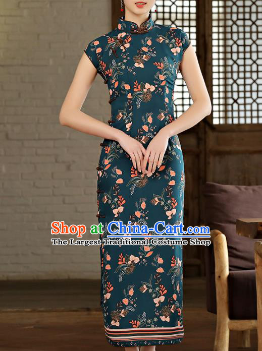 Chinese Classical Printing Atrovirens Chiffon Cheongsam Traditional Slant Opening Qipao Dress Woman Catwalks Clothing