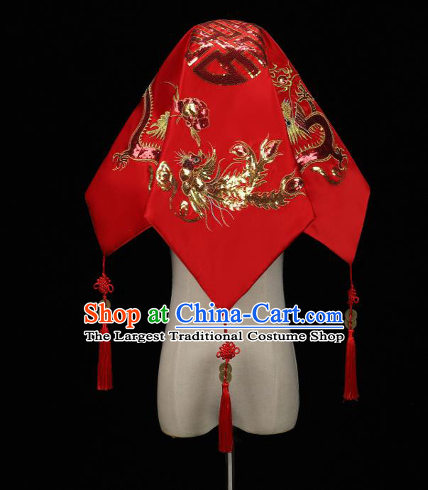 China Embroidered Golden Sequins Dragon Phoenix Bride Red Veil Traditional Wedding Headwear Xiuhe Suit Headdress