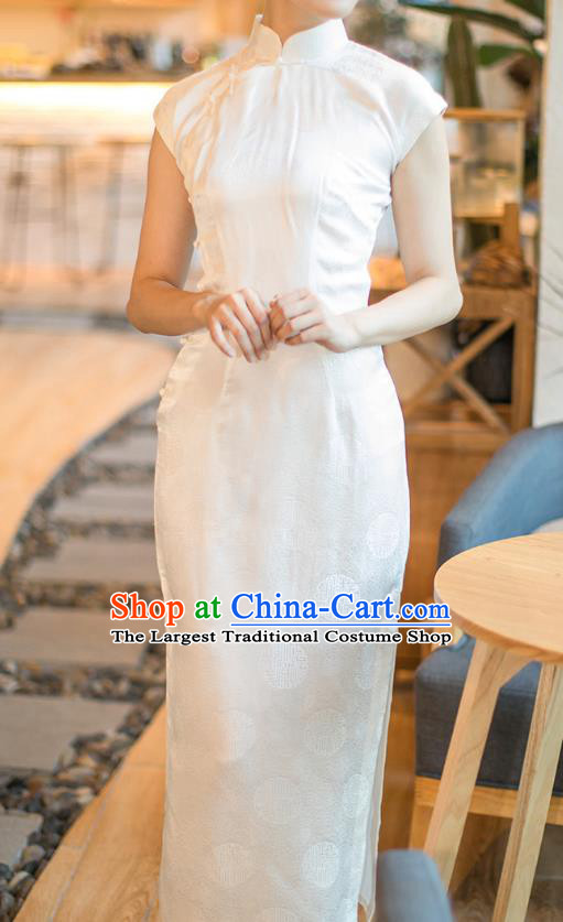 Republic of China Shanghai Beauty White Silk Cheongsam Costume Traditional Minguo Brocade Qipao Dress