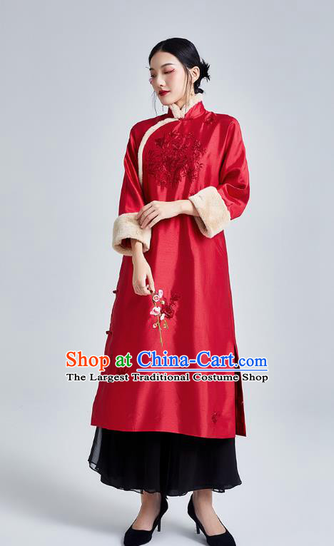 China Classical Embroidered Red Silk Cheongsam Costume Traditional Young Lady Cotton Wadded Qipao Dress