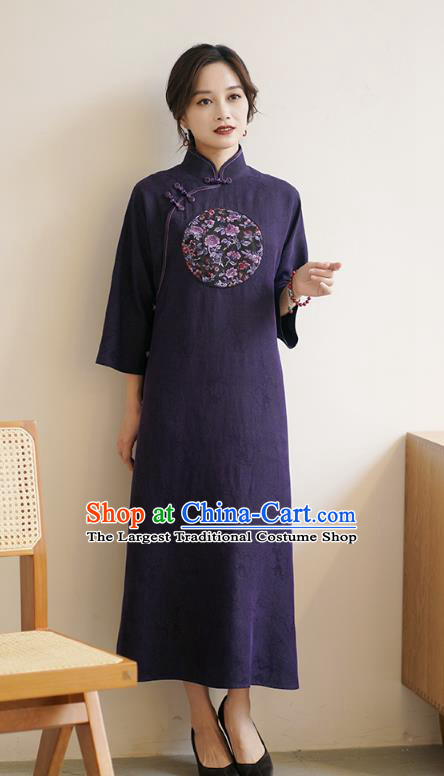 Top Purple Silk Long Cheongsam China Classical Embroidered Qipao Dress Clothing