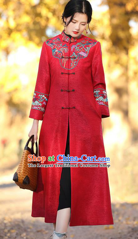 Chinese Traditional Embroidered Outer Garment National Tang Suit Red Dust Coat