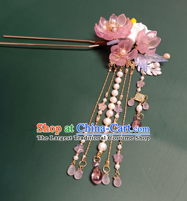 Chinese Ancient Princess Tassel Hairpin Hanfu Hair Accessories Traditional Ming Dynasty Pink Lotus Hair Comb