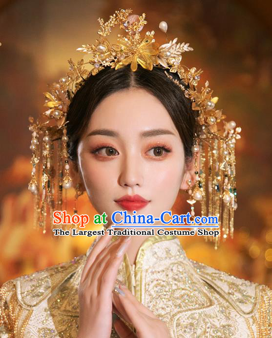 Chinese Classical Xiuhe Suit Golden Flowers Hair Crown Traditional Wedding Hair Accessories Full Set