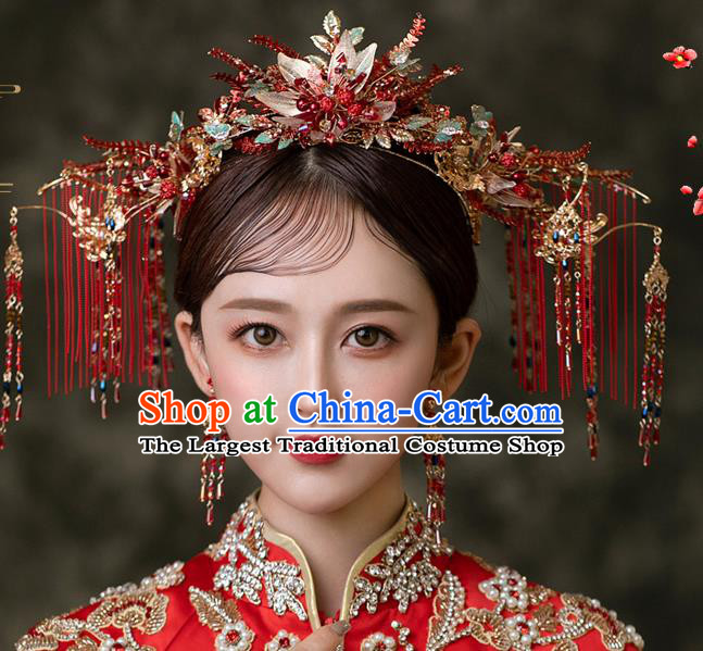Chinese Bride Flower Phoenix Coronet Traditional Wedding Hair Accessories Classical Xiuhe Suit Red Tassel Hair Crown