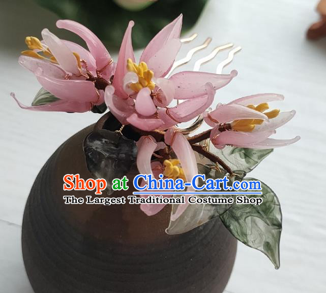 Chinese Ancient Princess Pink Lily Flowers Hairpin Hanfu Hair Accessories Traditional Ming Dynasty Hair Comb