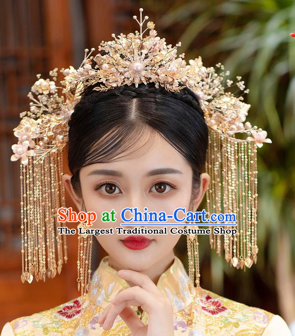 Chinese Classical Golden Tassel Phoenix Coronet Traditional Wedding Headdress Xiuhe Suit Bride Beads Hair Crown