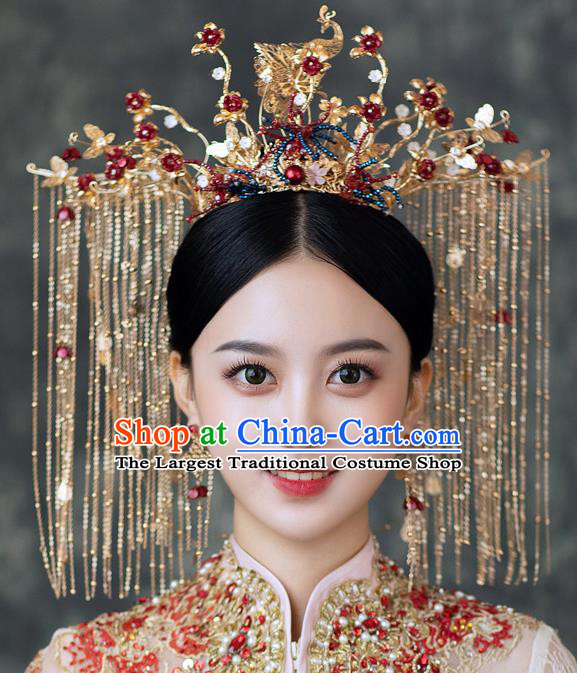 Chinese Classical Bride Phoenix Coronet Traditional Wedding Hair Accessories Xiuhe Suit Golden Peacock Hair Crown