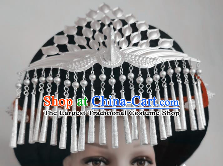 Chinese Liangshan Ethnic Silver Phoenix Headwear Traditional Yi Nationality Minority Stage Performance Hat
