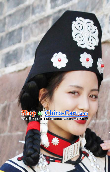 Chinese Liangshan Ethnic Woman Headwear Traditional Yi Nationality Minority Stage Performance Triangular Hat