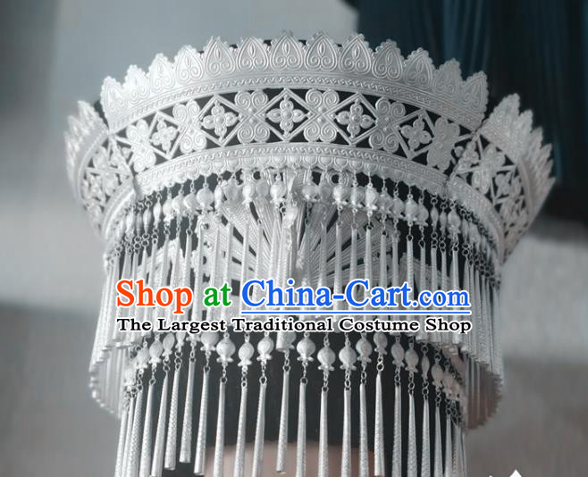 Chinese Liangshan Ethnic Wedding Bride Headwear Traditional Yi Nationality Ceremony Silver Phoenix Tassel Hat