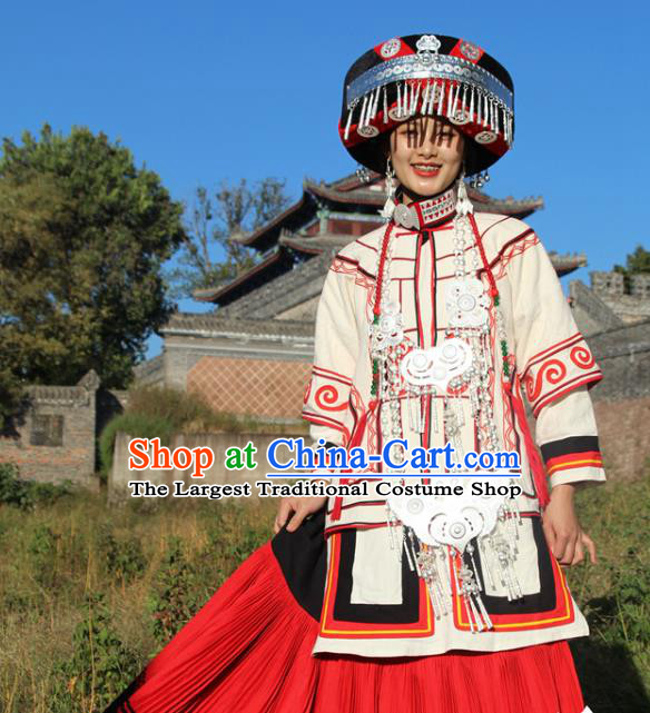 China Yi Nationality Minority White Outfits Clothing Traditional Liangshan Ethnic Wedding Bride Costumes and Hat