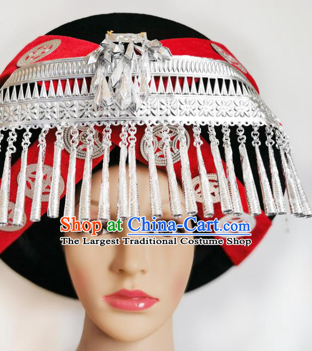 Chinese Liangshan Ethnic Stage Performance Headwear Traditional Yi Nationality Wedding Silver Tassel Red Hat