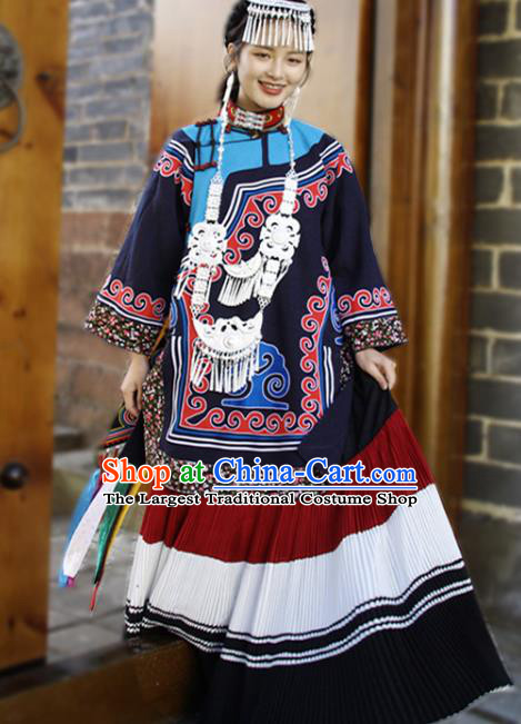 China Traditional Liangshan Ethnic Stage Performance Costumes Yi Nationality Minority Folk Dance Outfits Clothing and Headpiece