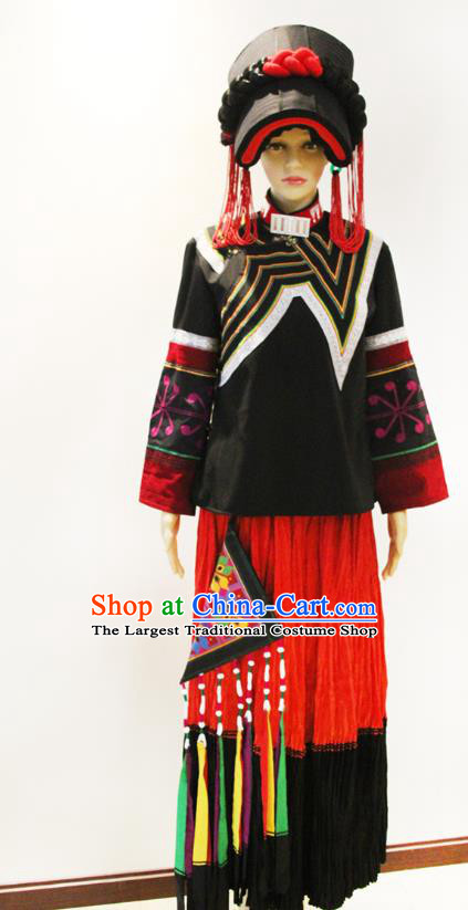 China Traditional Liangshan Ethnic Female Costumes Yi Nationality Minority Stage Performance Outfits Clothing and Hat