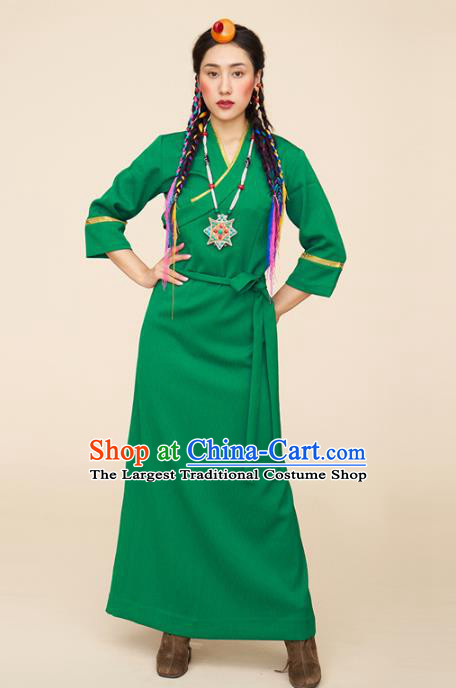 China Zang Nationality Folk Dance Green Bola Dress Tibetan Ethnic Woman Clothing