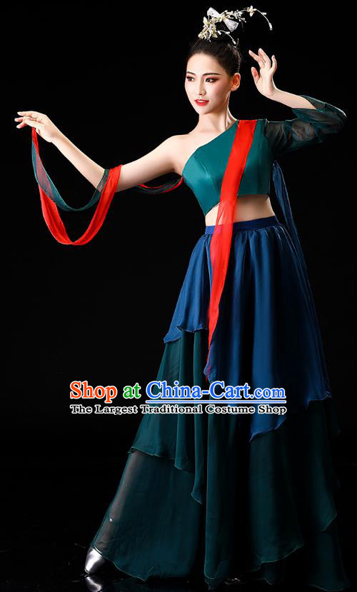 China Classical Dance Clothing Fan Dance Opening Dance Deep Green Outfits