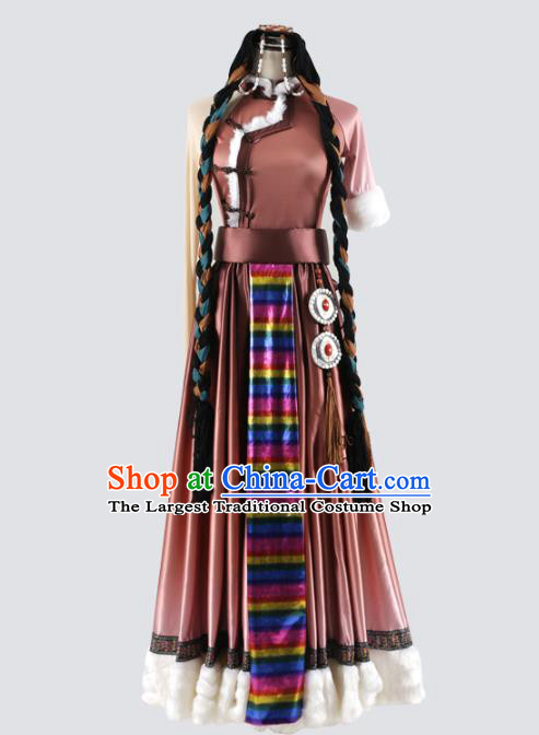China Traditional Tibetan Ethnic Stage Performance Clothing Zang Nationality Folk Dance Brown Dress Costume and Headwear