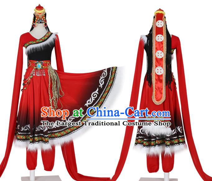 China Traditional Tibetan Ethnic Folk Dance Clothing Zang Nationality Water Sleeve Red Dress Outfits and Headwear