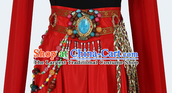 China Traditional Tibetan Ethnic Folk Dance Clothing Zang Nationality Water Sleeve Red Dress Outfits and Headwear