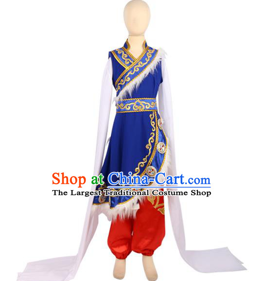Chinese Tibetan Dance Clothing Nationality Folk Dance Stage Performance Blue Outfits for Men
